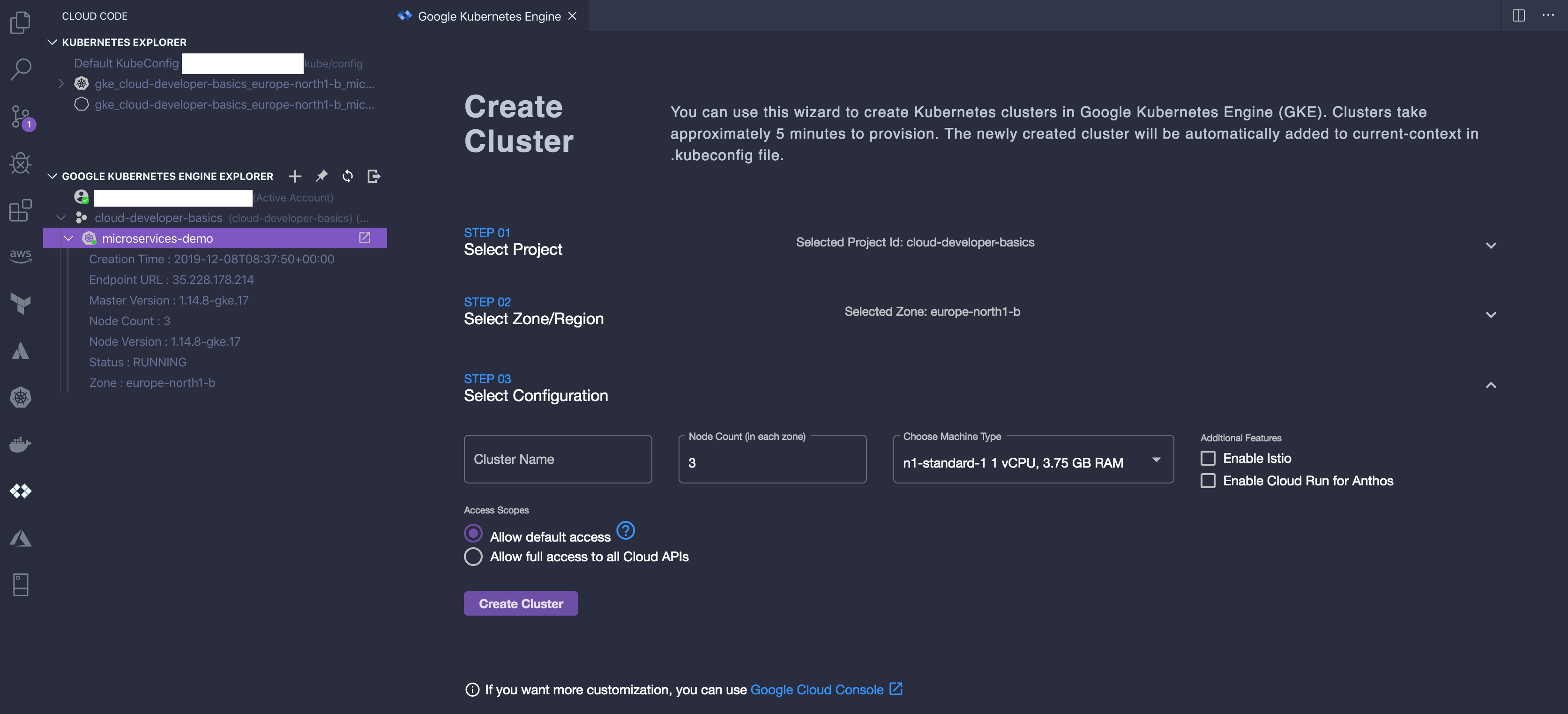 Example of a complete, valid cluster setup minus the cluster name