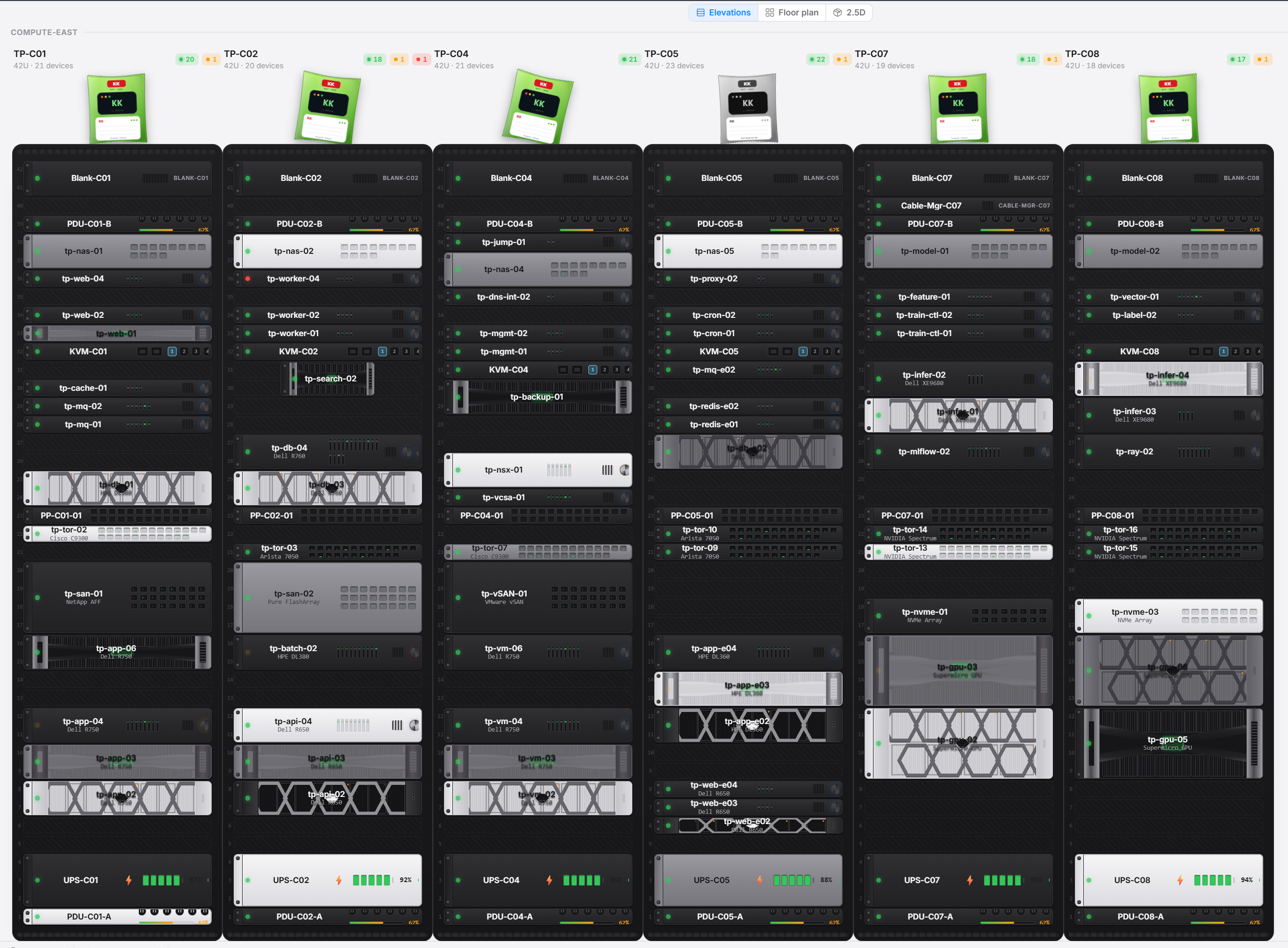 The IT Ops Server Room elevations view showing six populated equipment racks and host health indicators