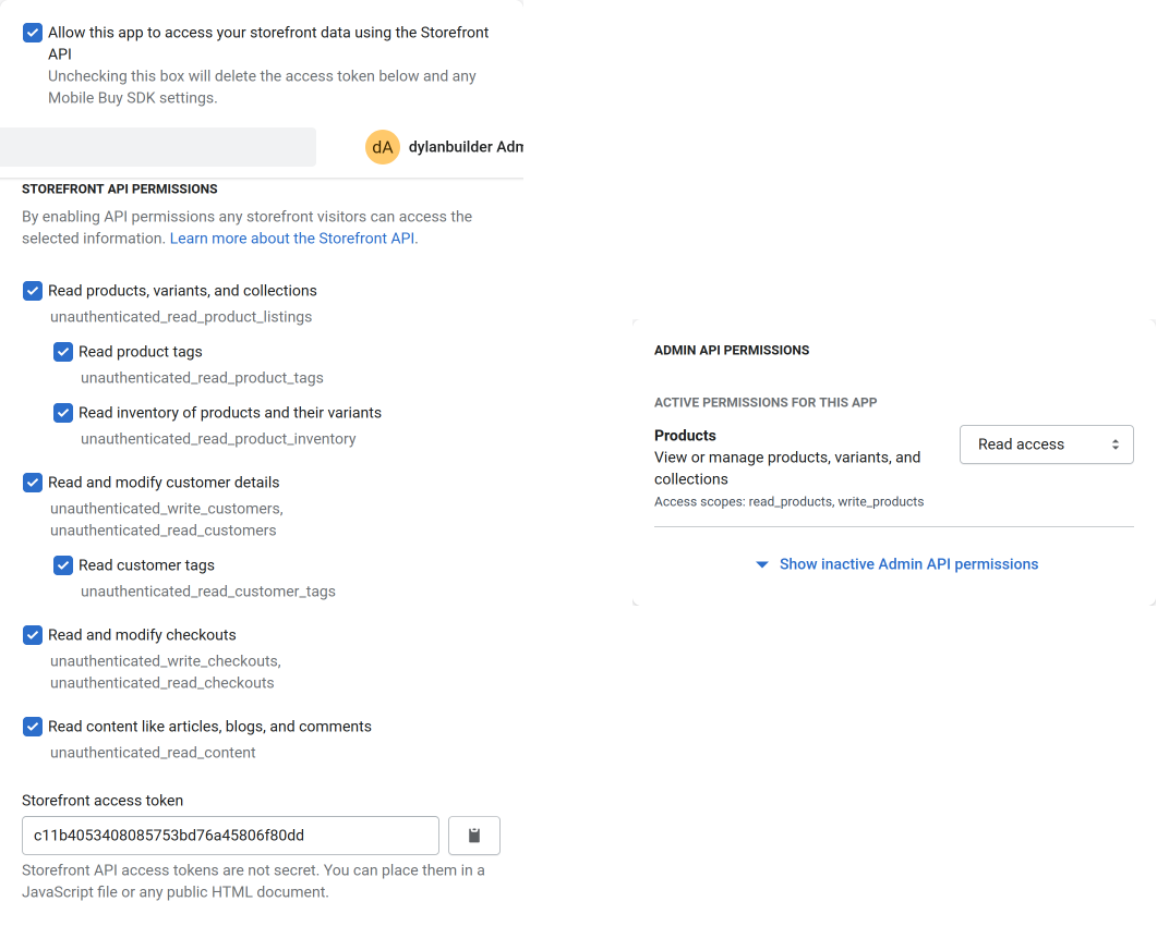Example of Shopify private app permissions