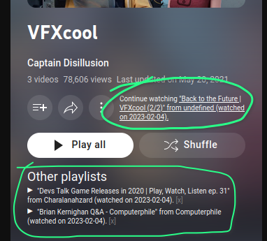 Demonstration of the userscript "YouTube: playlists playback tracker" on playlist "VFXcool" of the YouTube channel "Captain Disillusion".