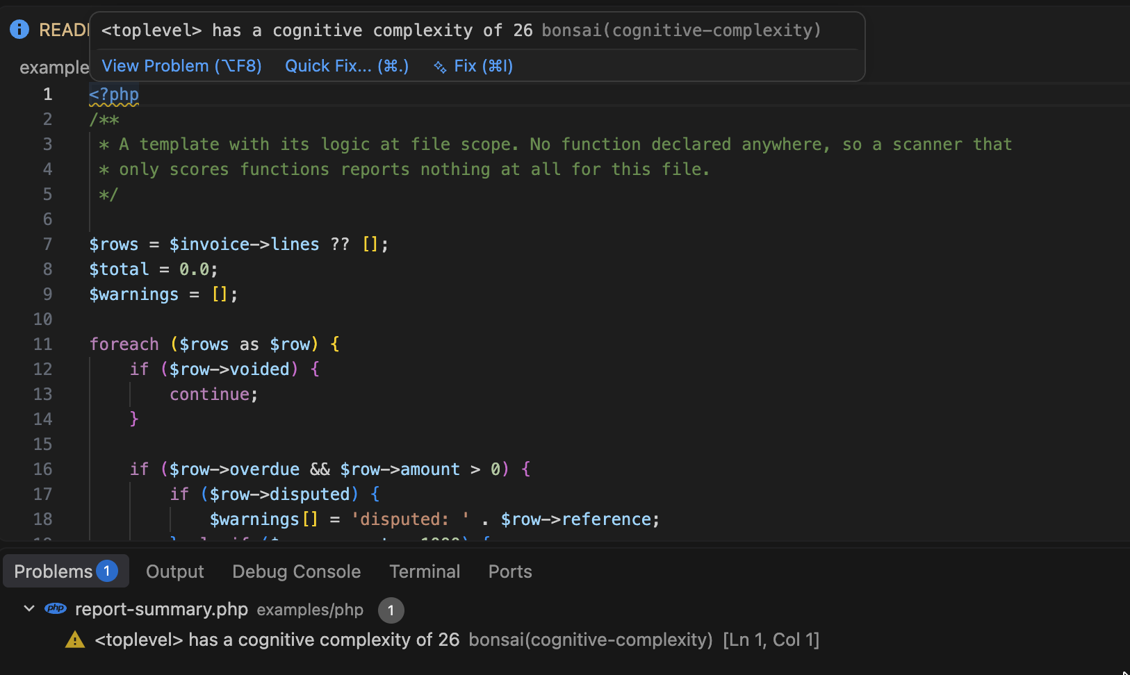 A cognitive complexity warning on a PHP template whose logic sits at file scope, reported as toplevel