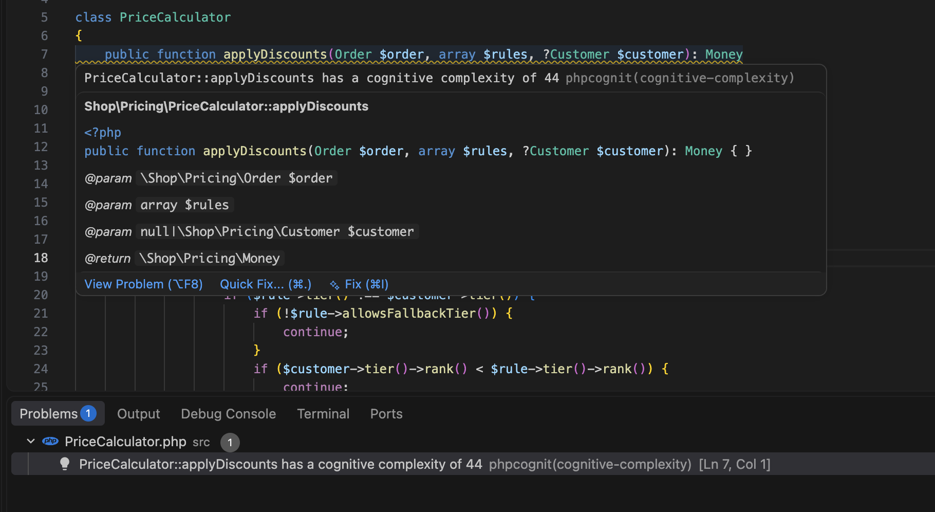 A PHP method flagged with a cognitive complexity of 44