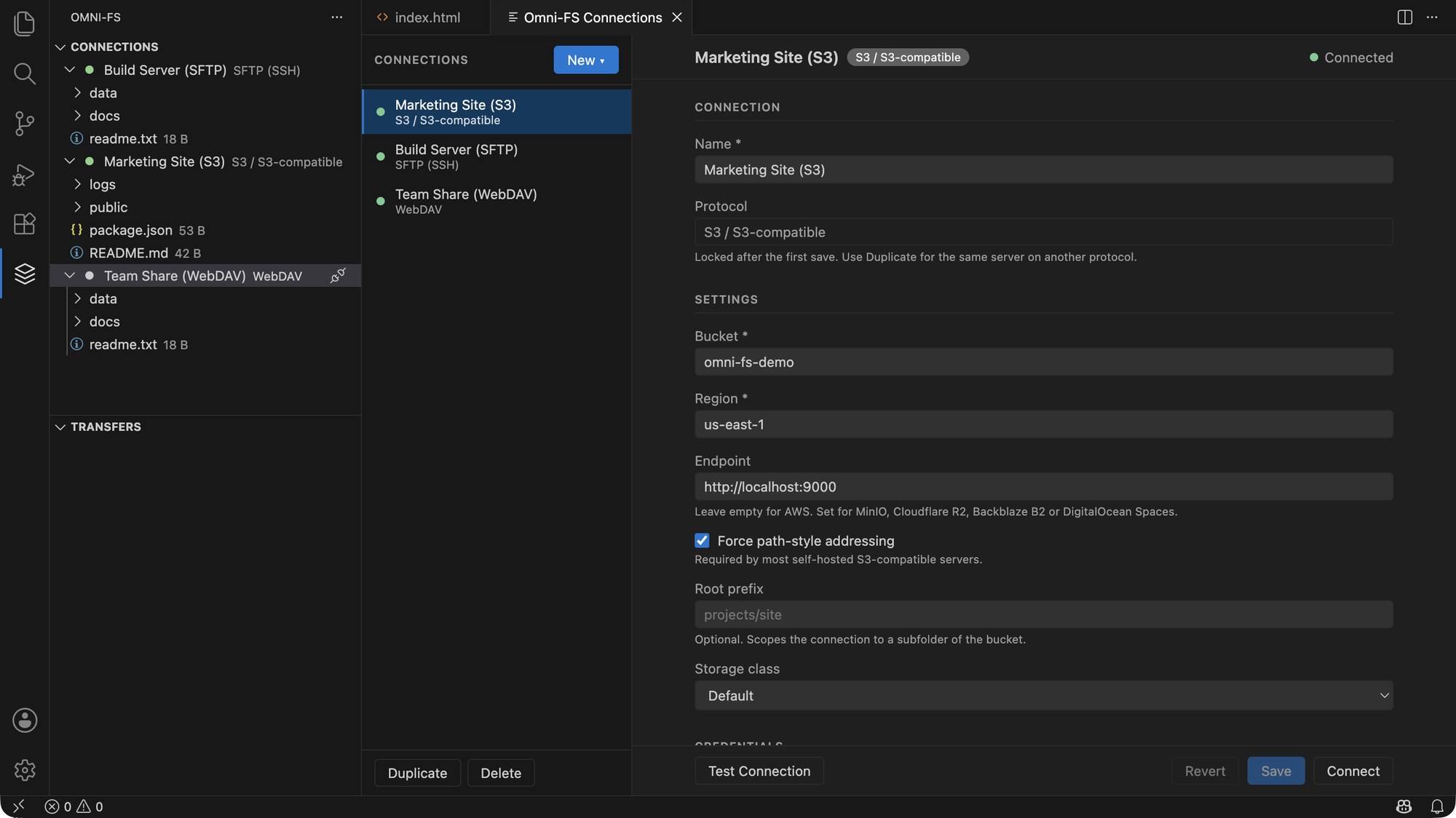 The connection manager with an S3-compatible connection selected