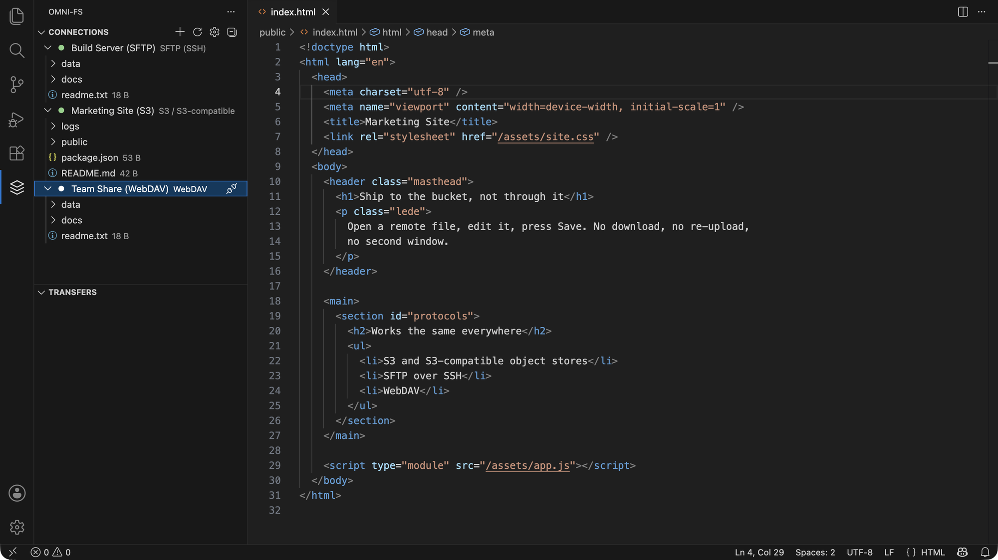 The same sidebar browsing S3, SFTP and WebDAV side by side