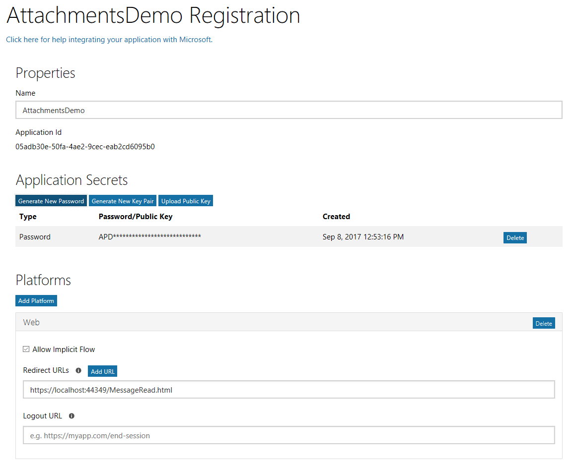 The completed app registration