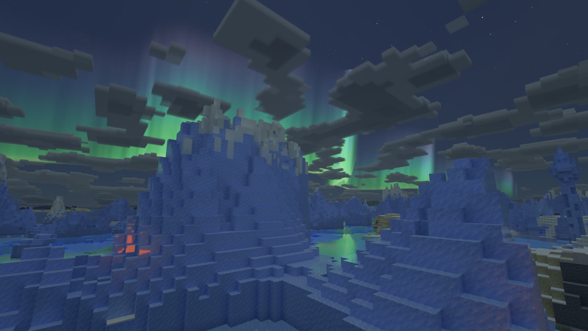 Minecraft on Apple Silicon: the northern lights over ice spikes at night