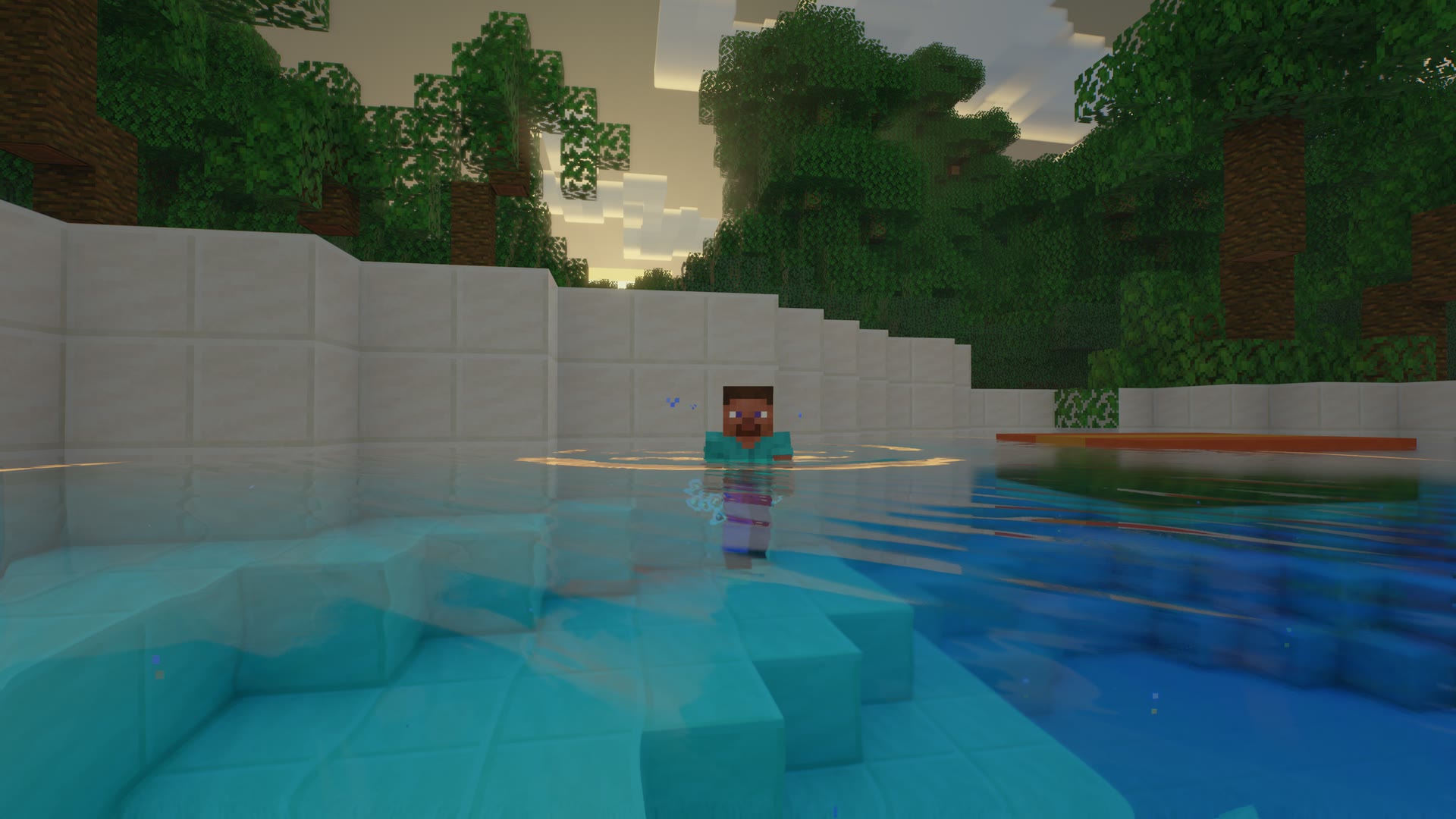 Minecraft water physics on Mac: a ripple ring spreading out after jumping into a pool