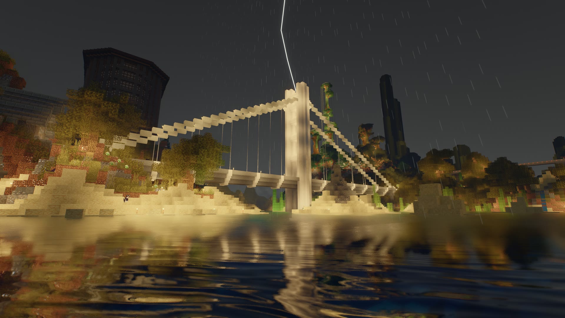 Minecraft Mac shaders: lightning strikes a bridge tower in a thunderstorm