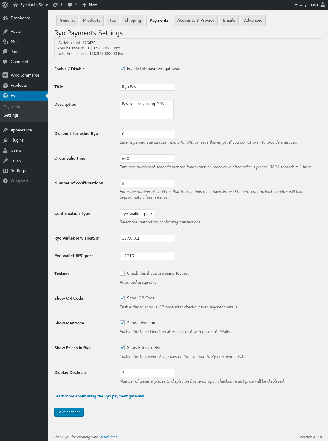 Ryo Payments Admin Configuration Page Ryo Payments Admin Configuration Page