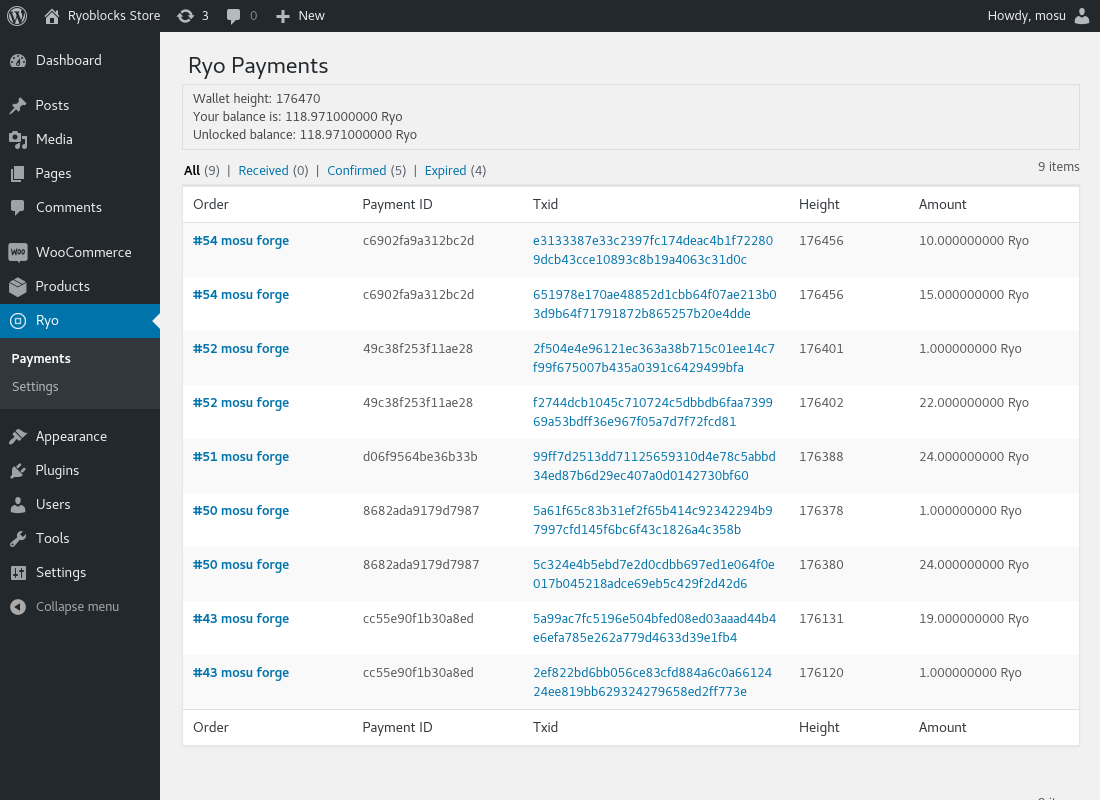 Ryo Payments Admin Transaction List Ryo Payments Admin Transaction List