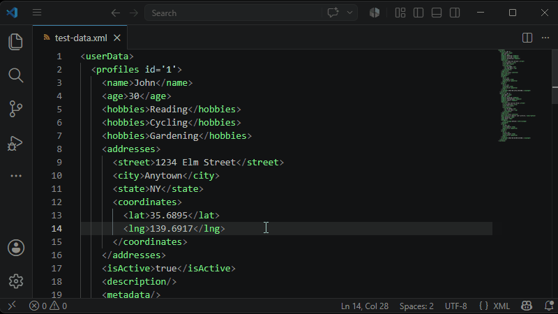 XYJson demo showing conversion between XML, YAML, and JSON in VS Code