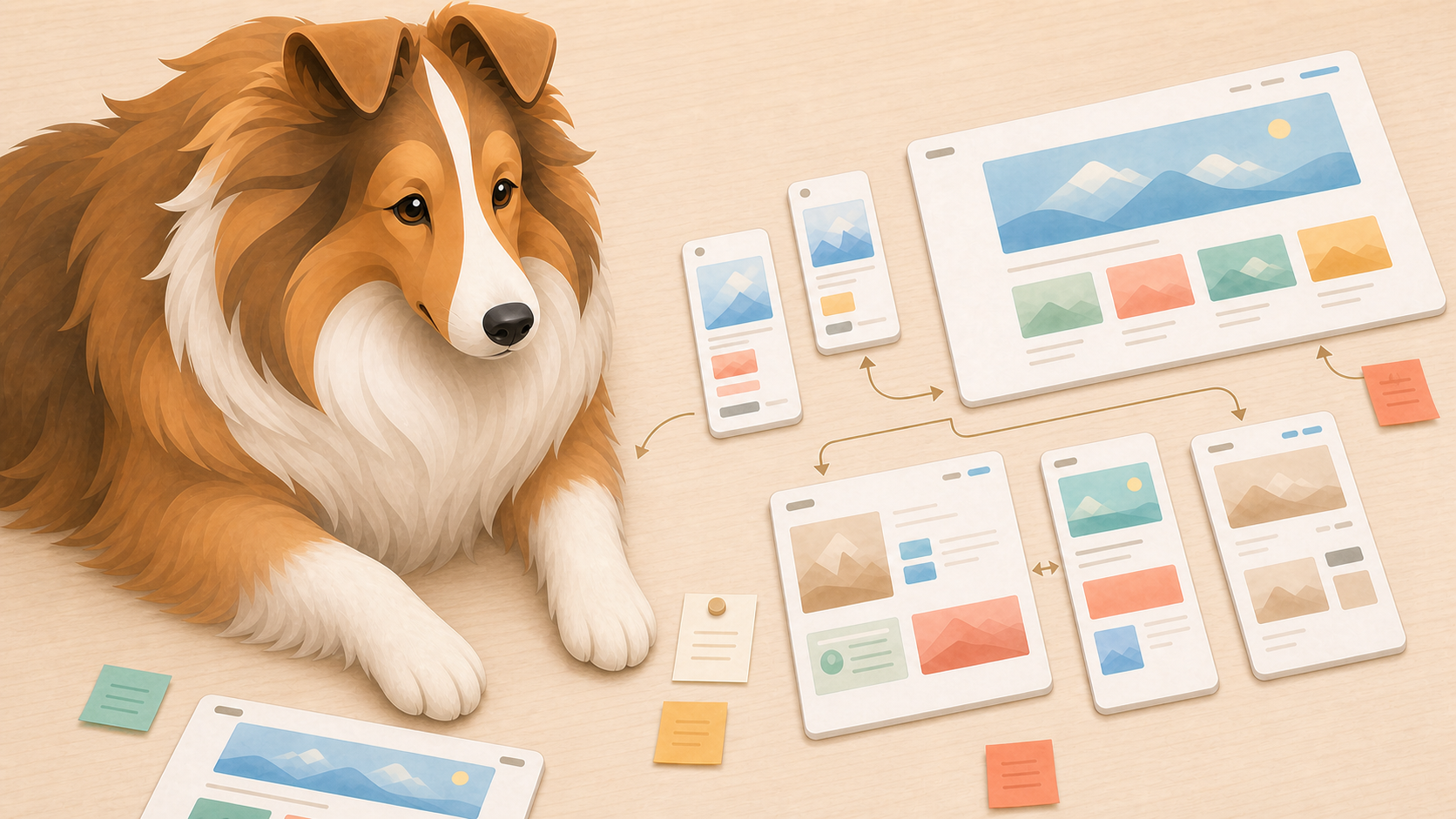 A Sheltie comparing web pages arranged on a visual board