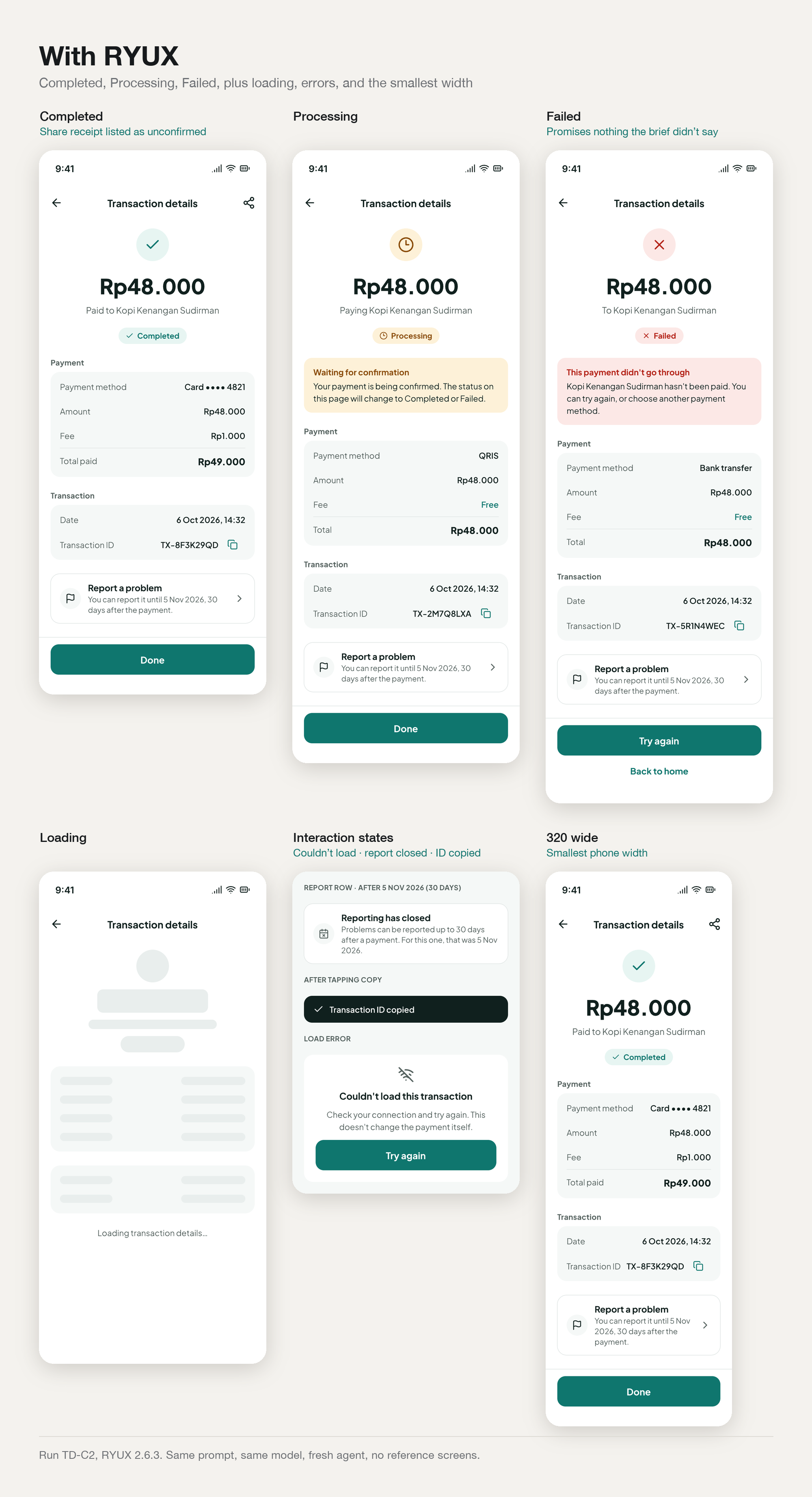 With RYUX: Completed, Processing and Failed screens, plus loading, a couldn't-load error, the report window after 30 days, a copied-ID message, and the screen at 320 wide; Share receipt is listed as unconfirmed