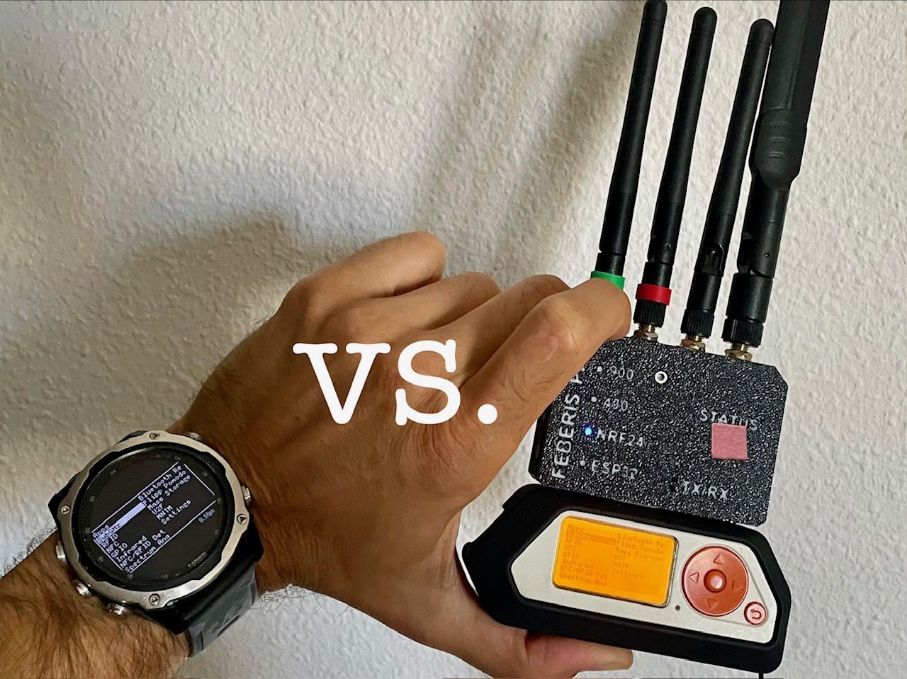 A Garmin watch on a wrist shows the Flipper menu beside a Flipper Zero with an antenna accessory