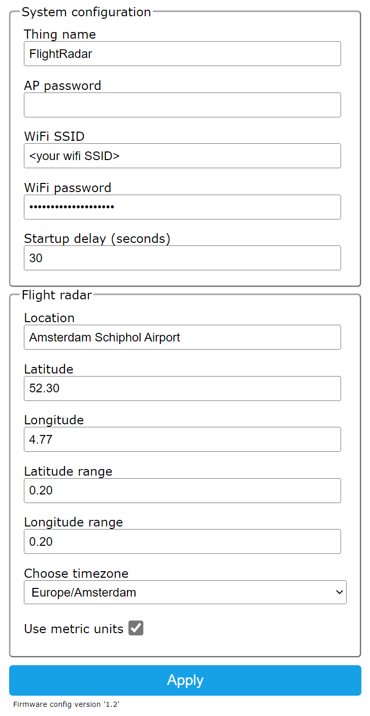 Settings page