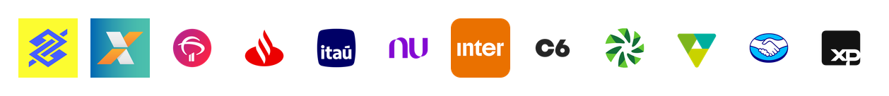 Amostra dos logos do dataset: Banco do Brasil, Caixa, Bradesco, Santander, Itaú, Nubank, Inter, C6, Sicredi, Sicoob, Mercado Pago e XP
