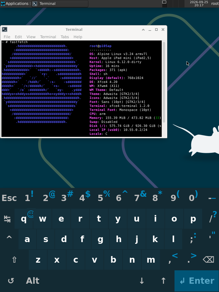 XFCE on the iPad, read straight out of /dev/fb0