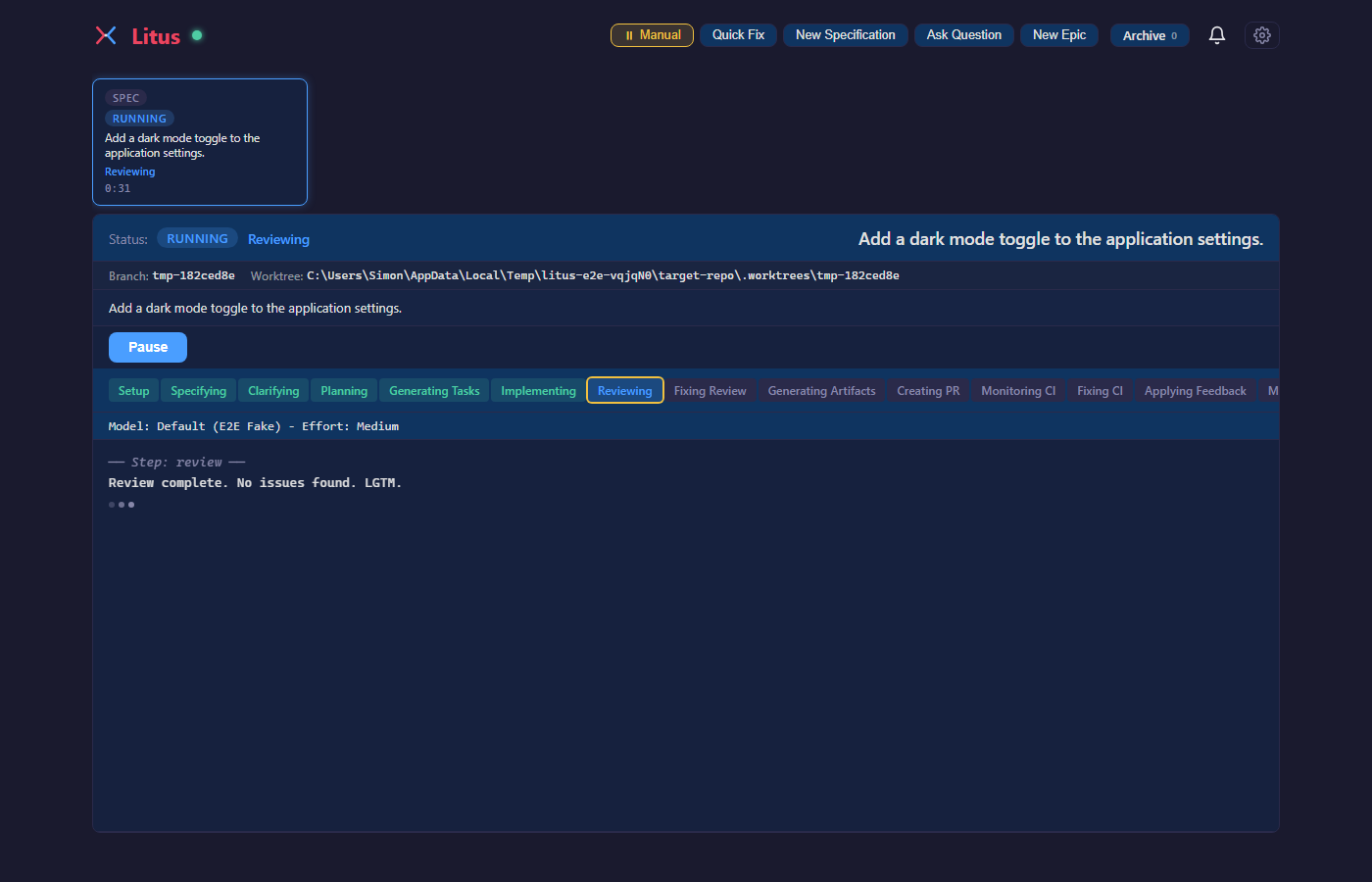 Litus — workflow running with live agent output