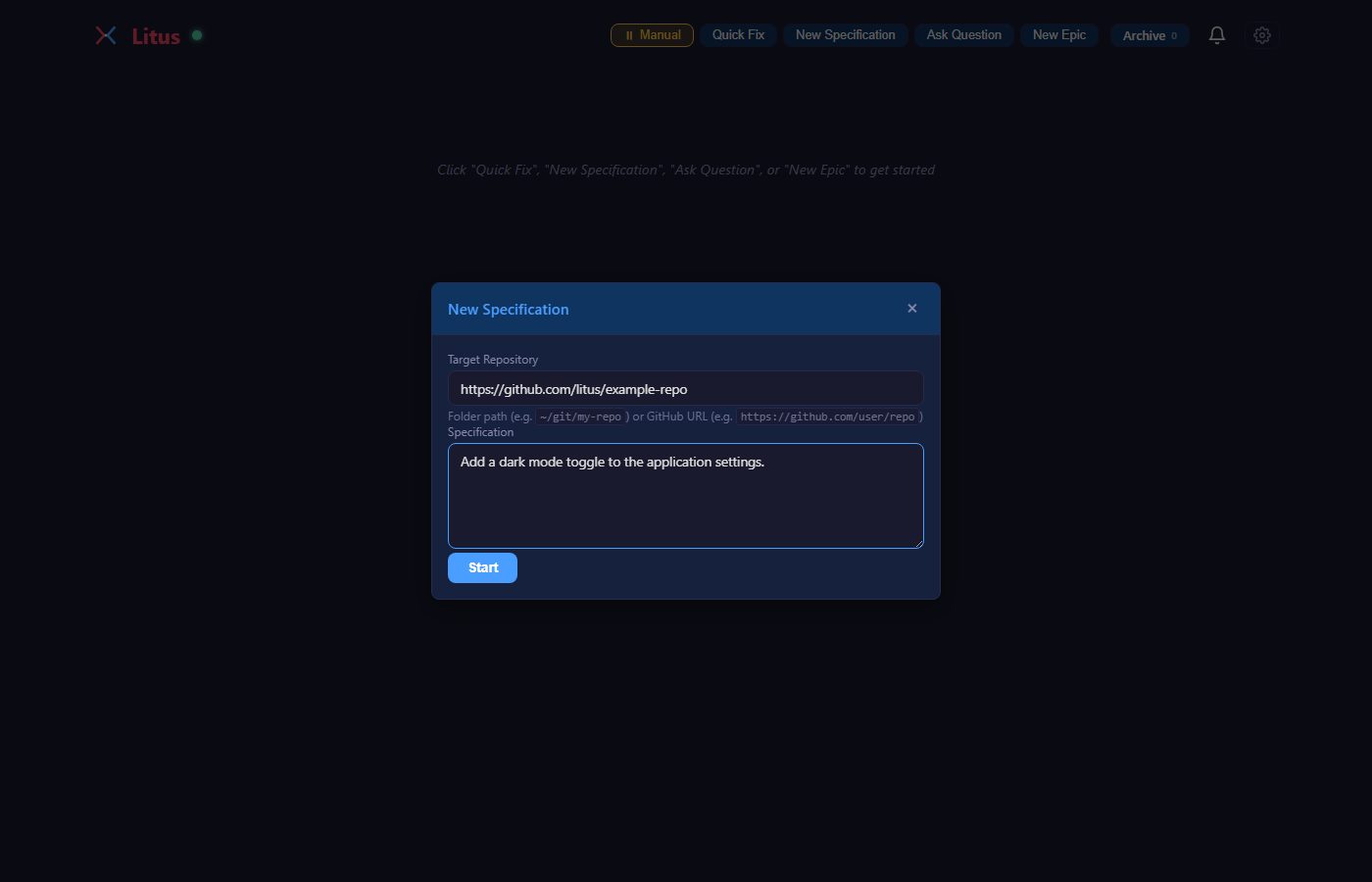 New specification modal