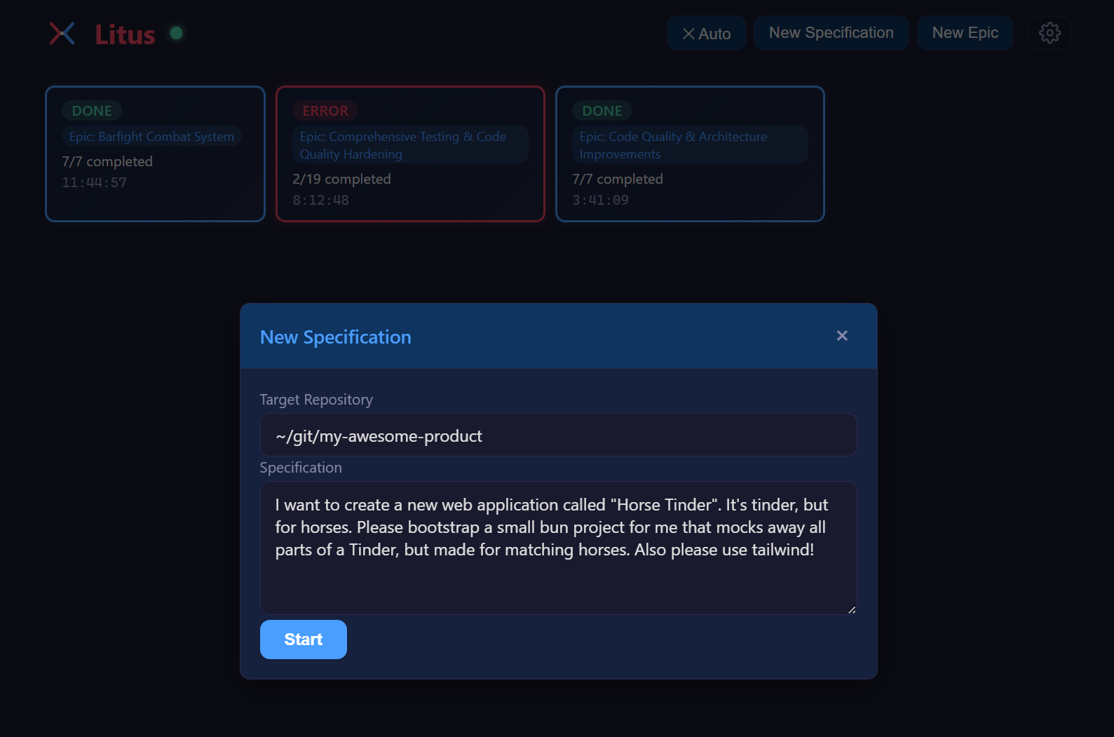 New specification modal