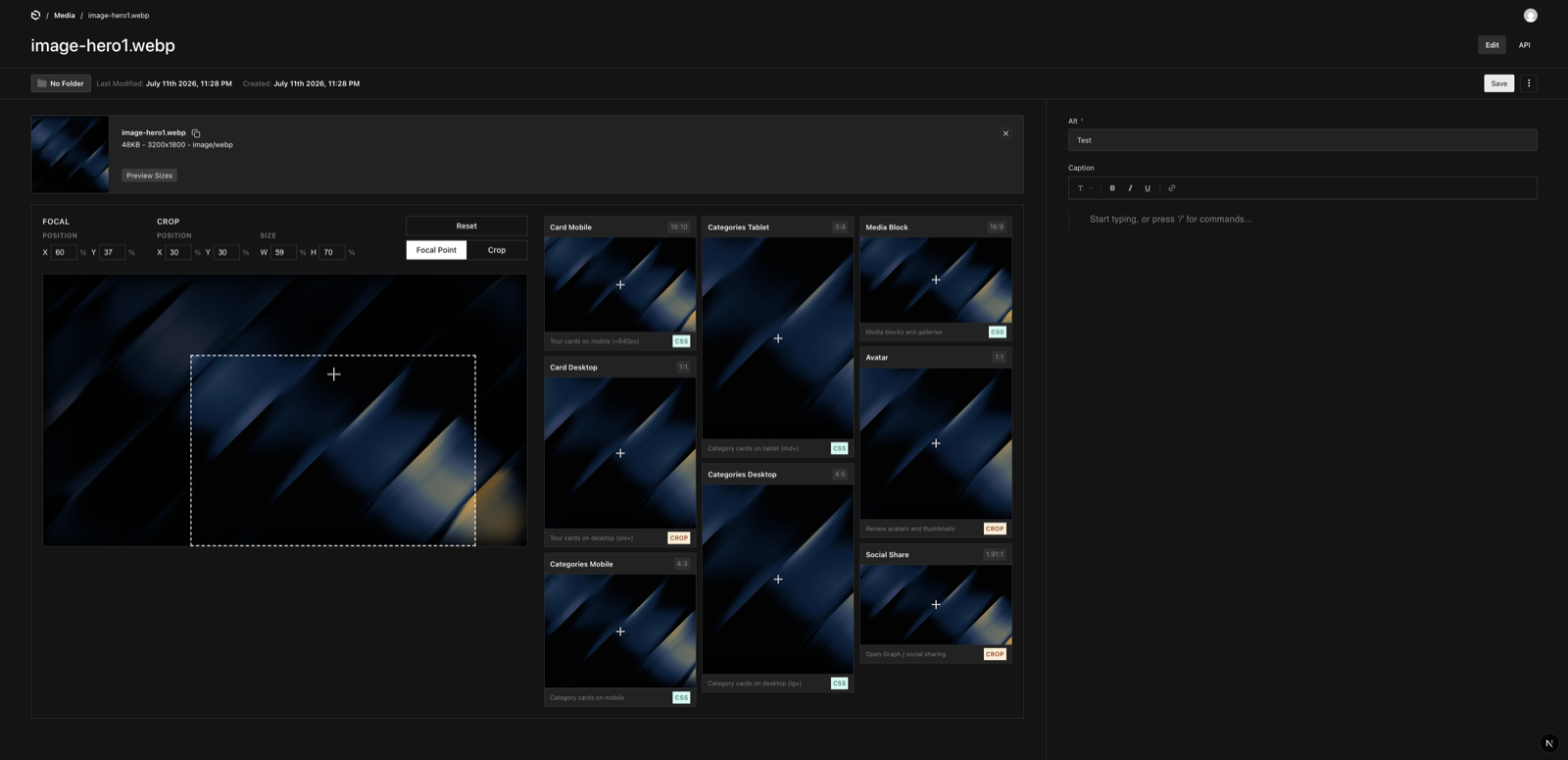 Payload CMS image editor with crop and focal point controls beside live previews of the same photo in multiple aspect ratios