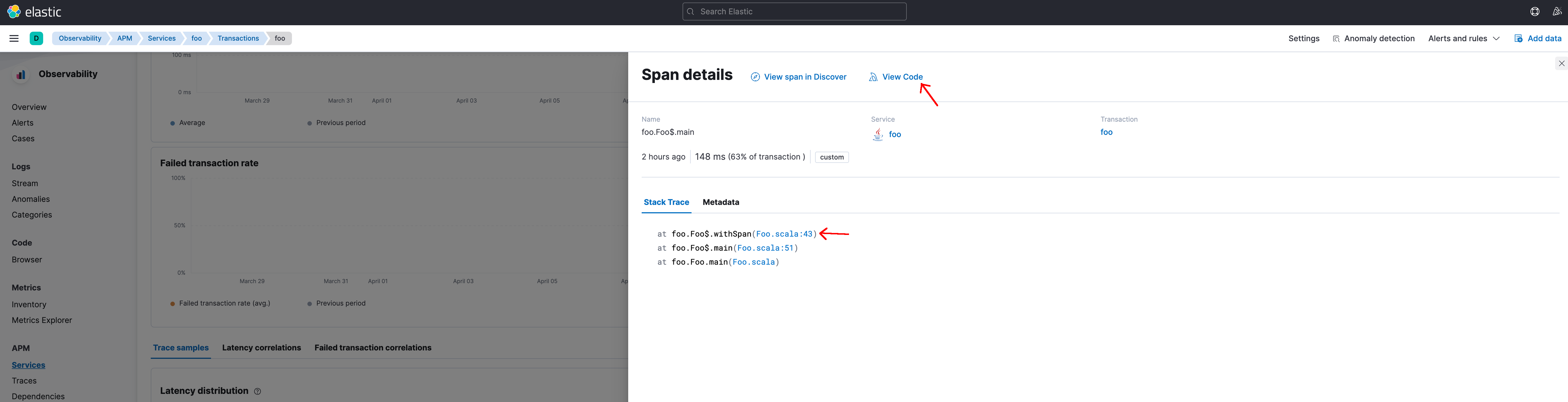 apm trace with link to the source code