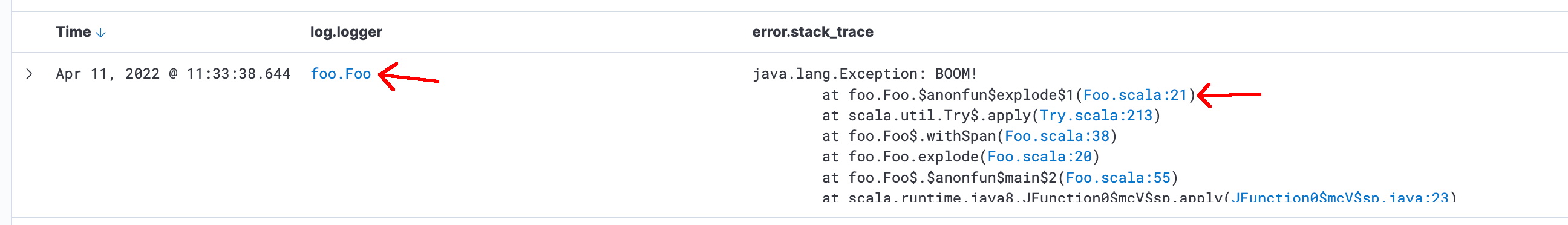 discover showing stack traces with links