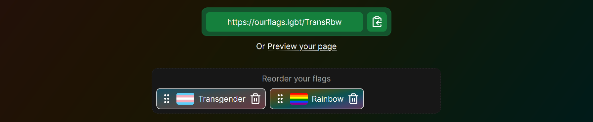 The flag selection page, showing the URL generated when selecting flags