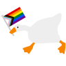 The goose from Untitled Goose Game holding a Progress pride flag