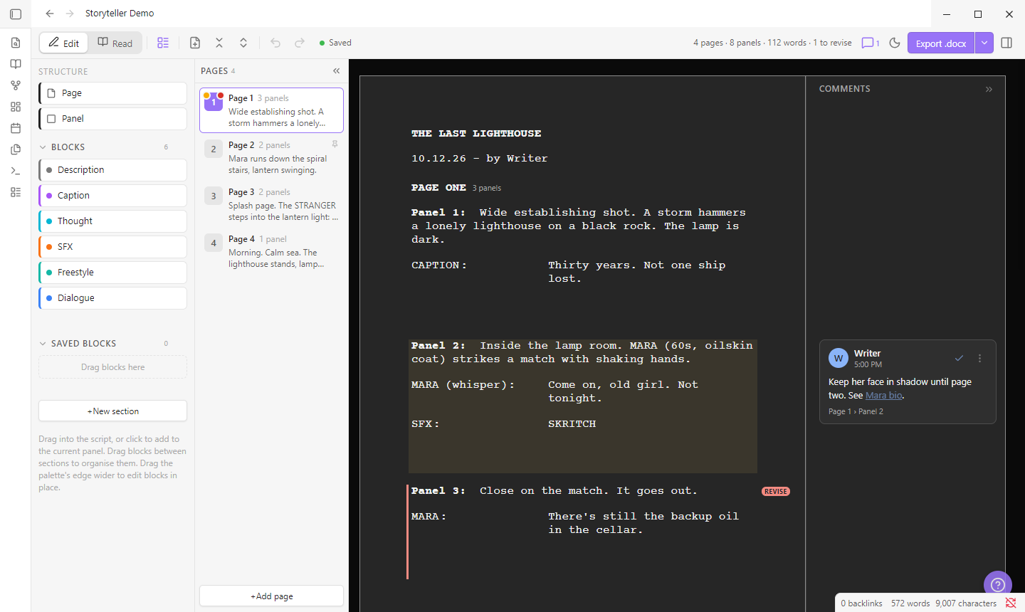 The editor: block palette, pages list, script and comments