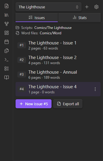 Storyteller Comic Drafter screenshot — The Stats tab: totals, averages, pages and words per issue, the cast and a table of issues