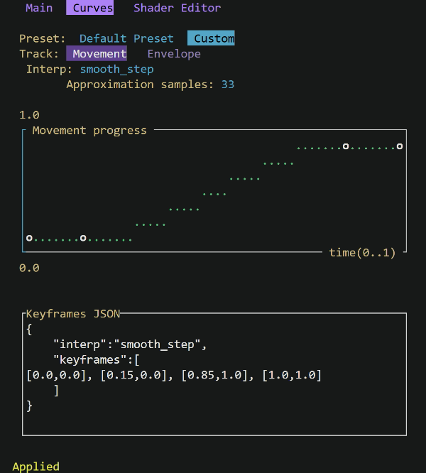 animate_timeline Curves tab with keyframe graph and JSON editor