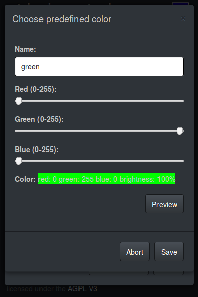 Dialog for editing a single color for the color program of pi-led-control