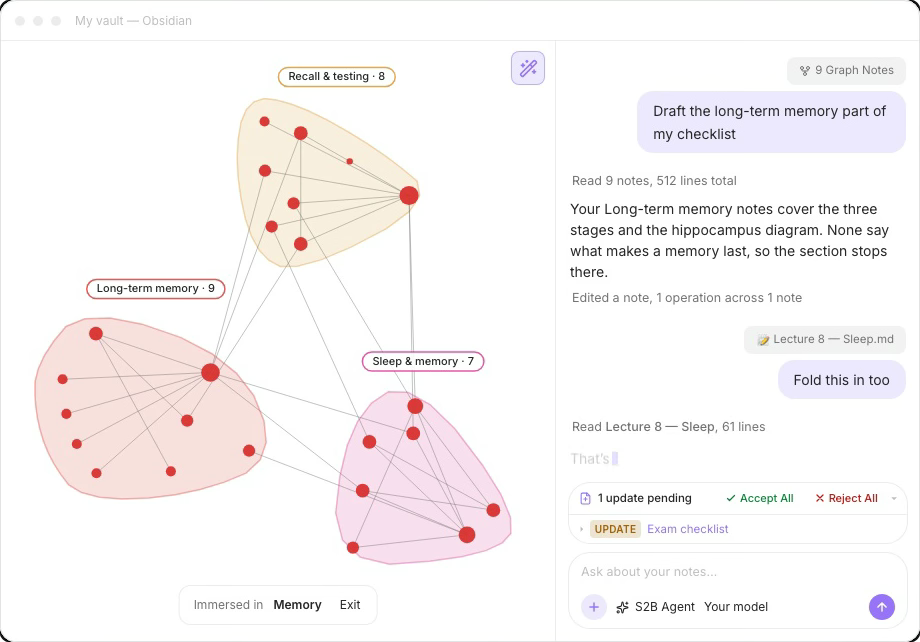 Smart Second Brain: the smart graph beside a chat that reads your notes and proposes an edit