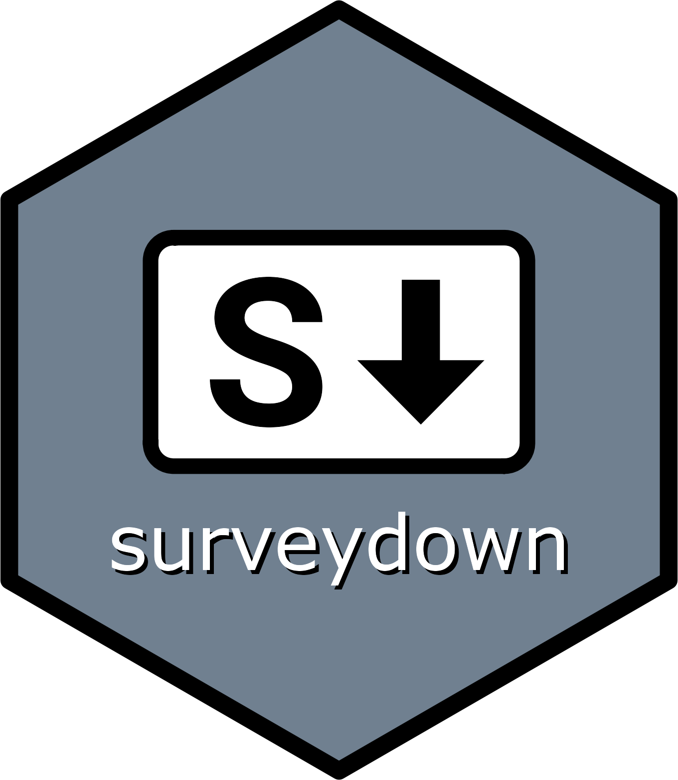 surveydown package logo: a hex shape with a large letter S and a down arrow