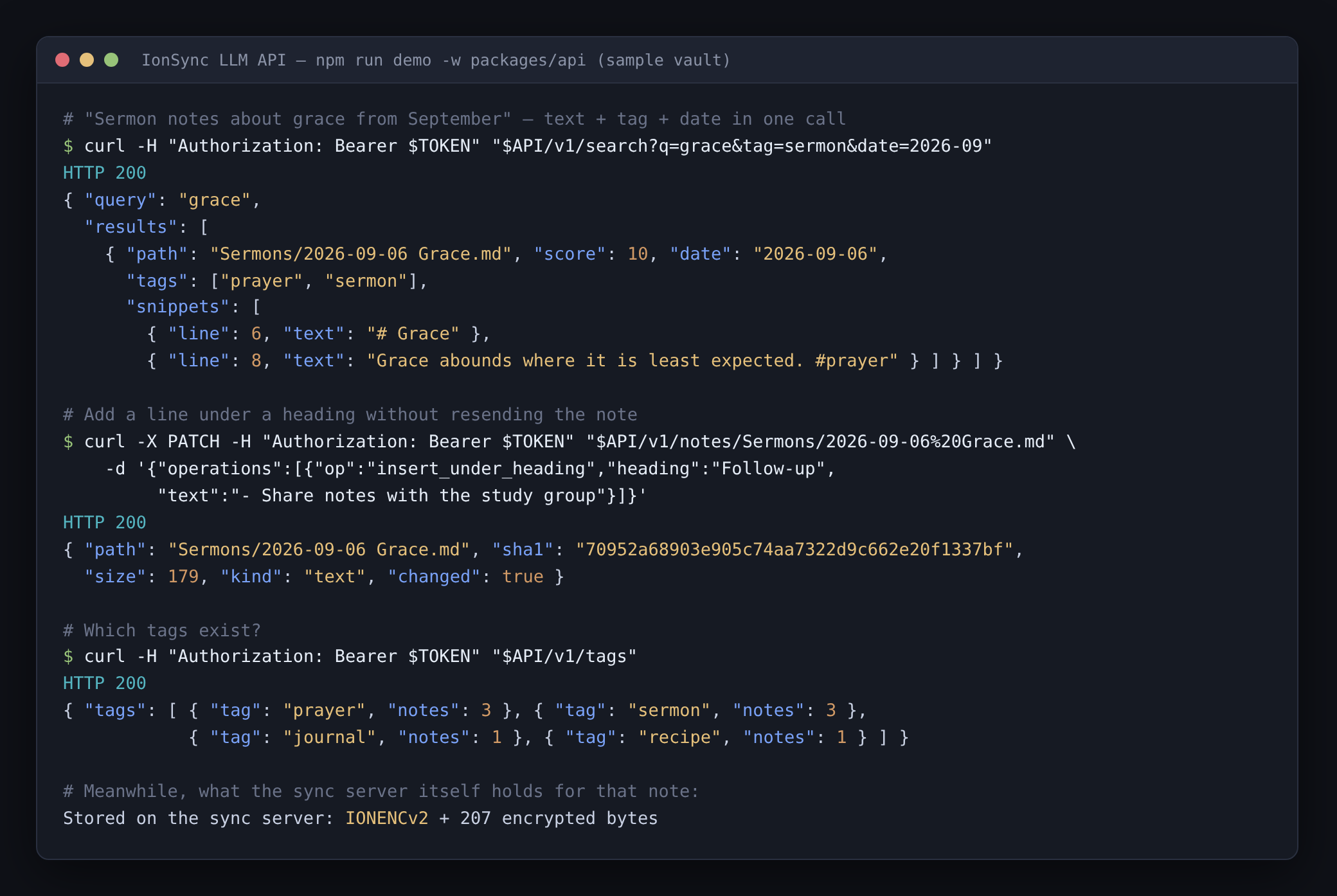 Example session against a sample vault: a filtered search, a targeted edit, the tag list, and the ciphertext the sync server stores