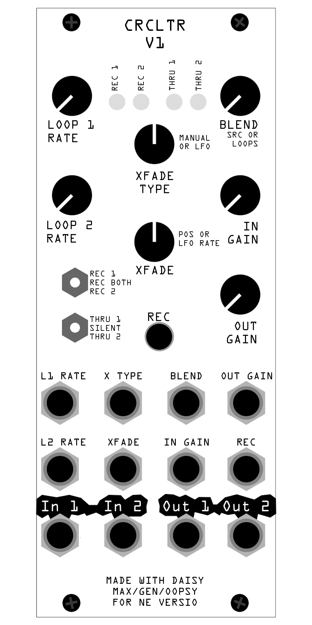 CRCLTR V1 faceplate showing loop rate, crossfade, blend and gain controls with record switches and jacks