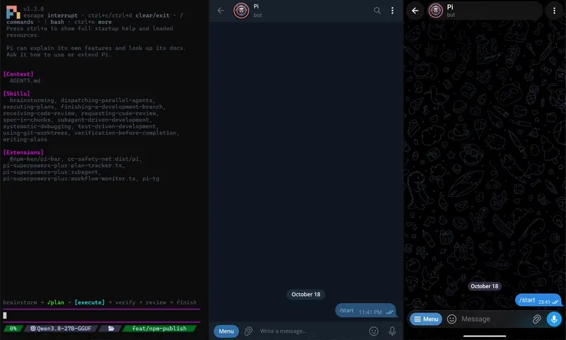 Demo: Pi Coding Agent & Telegram (Desktop) & Telegram (Phone)