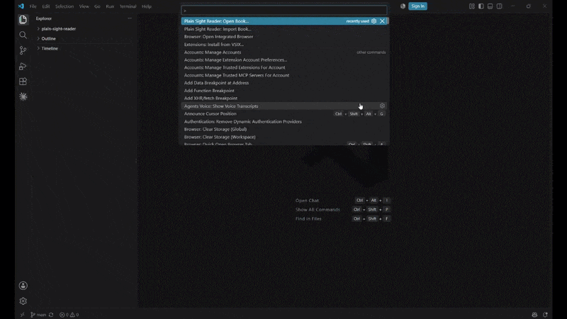Plain Sight Reader demo — importing a book and reading it as C# and Markdown in the editor