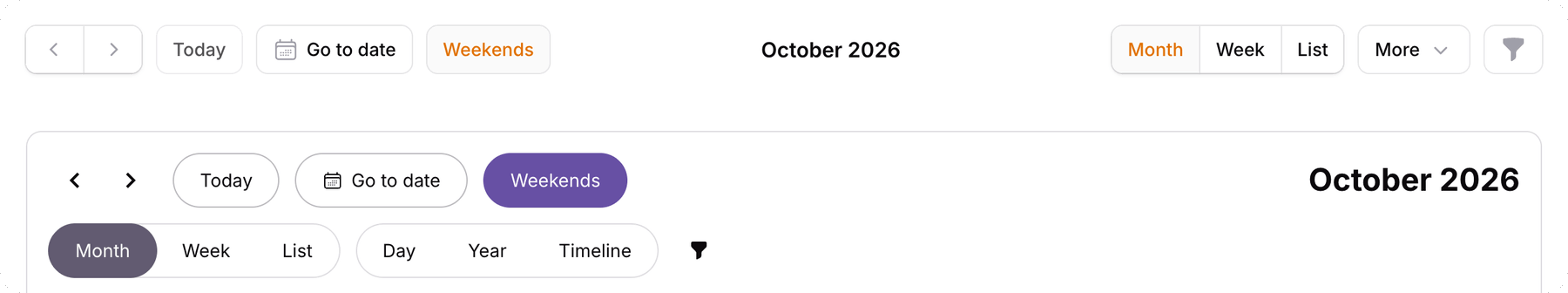The same toolbar drawn with Filament buttons, above, and by FullCalendar in the monarch theme, below