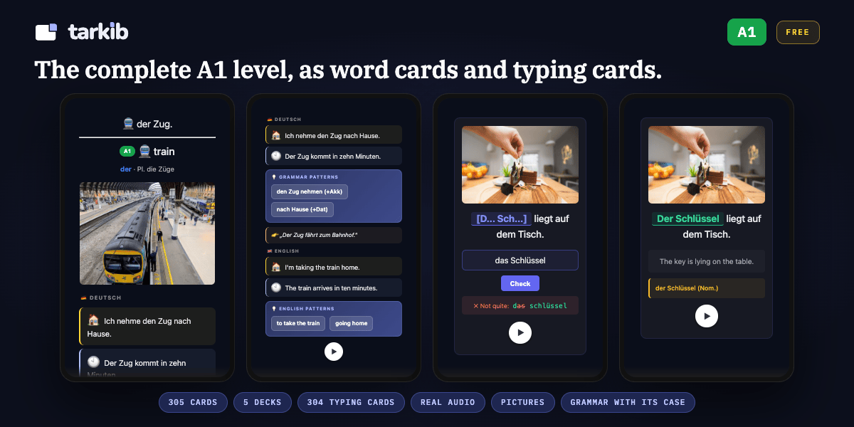 Tarkib German decks, A1 to C1: word cards and typing cards