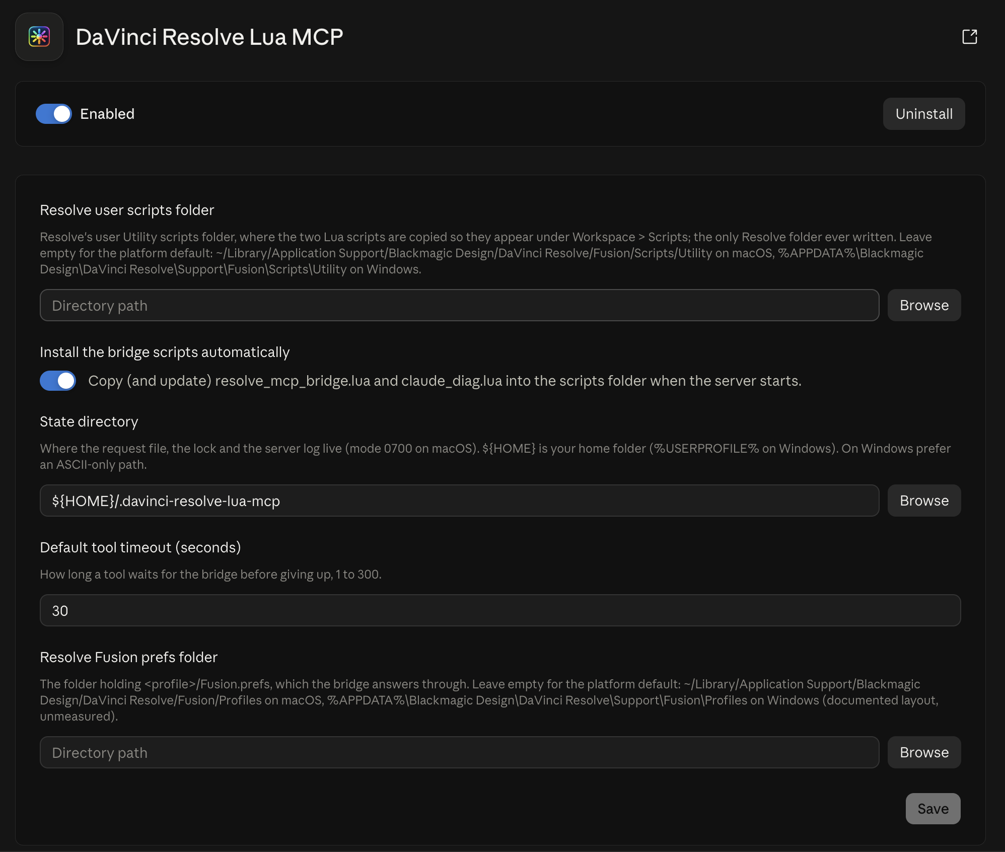 The extension's settings page in Claude Desktop with the five settings