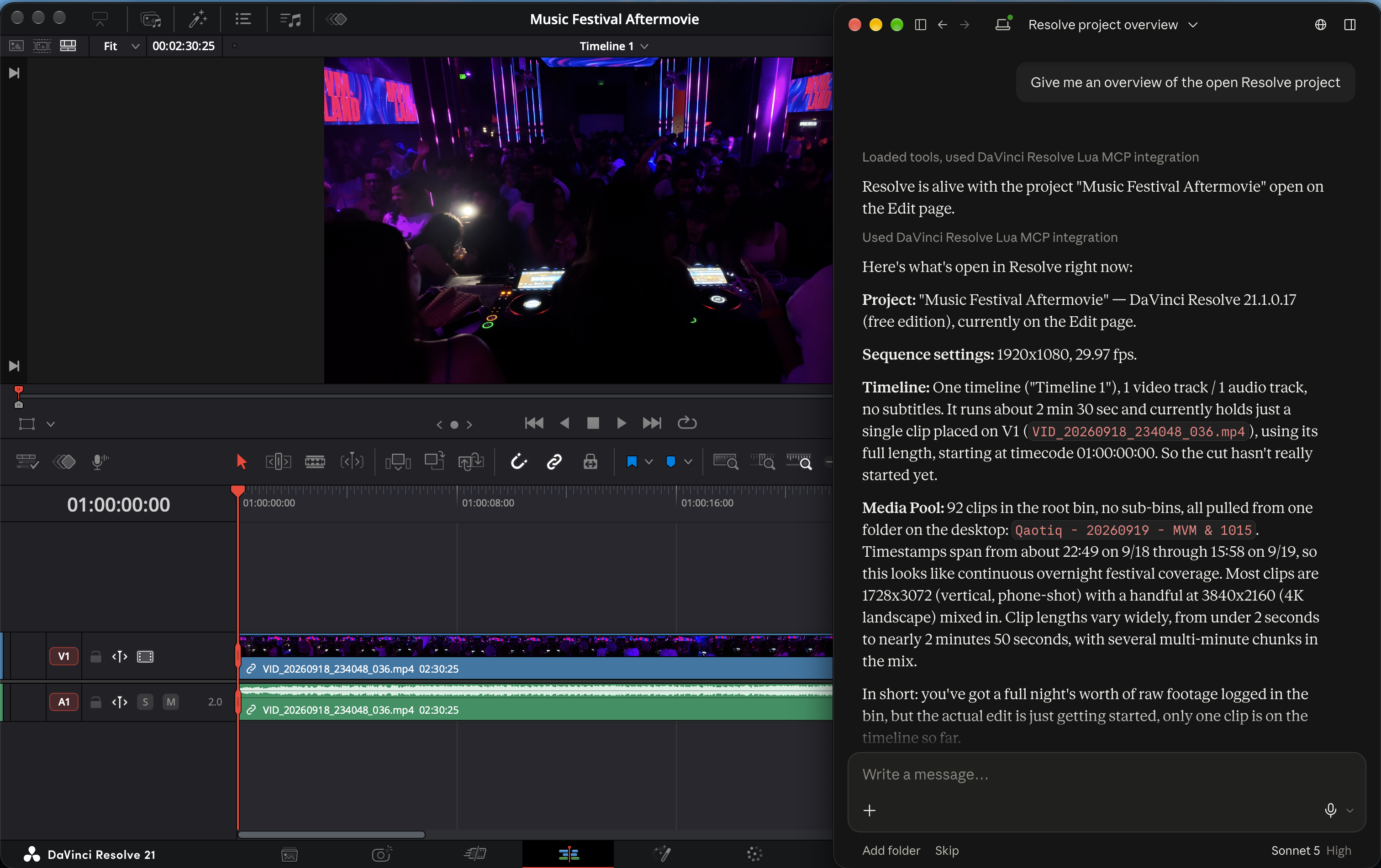 Claude Desktop describing the open project next to the same project in DaVinci Resolve 21.1 free edition