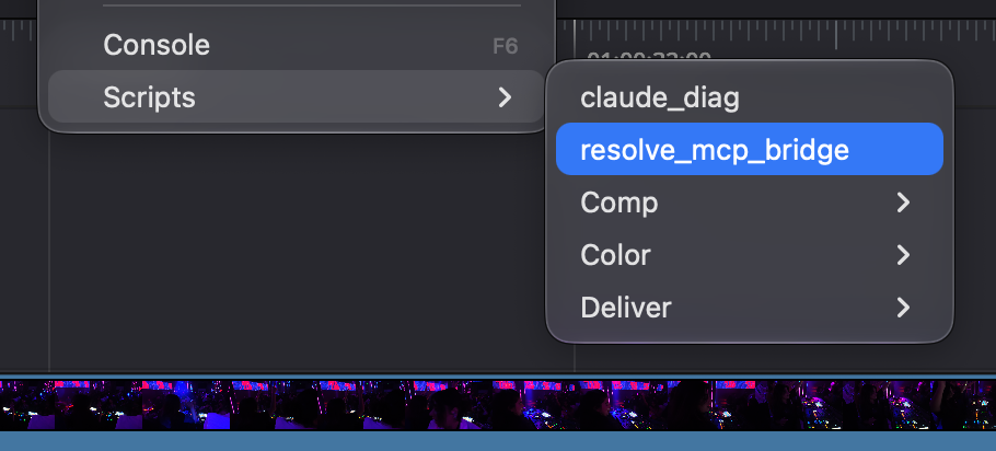 Resolve's Workspace > Scripts menu listing claude_diag and resolve_mcp_bridge