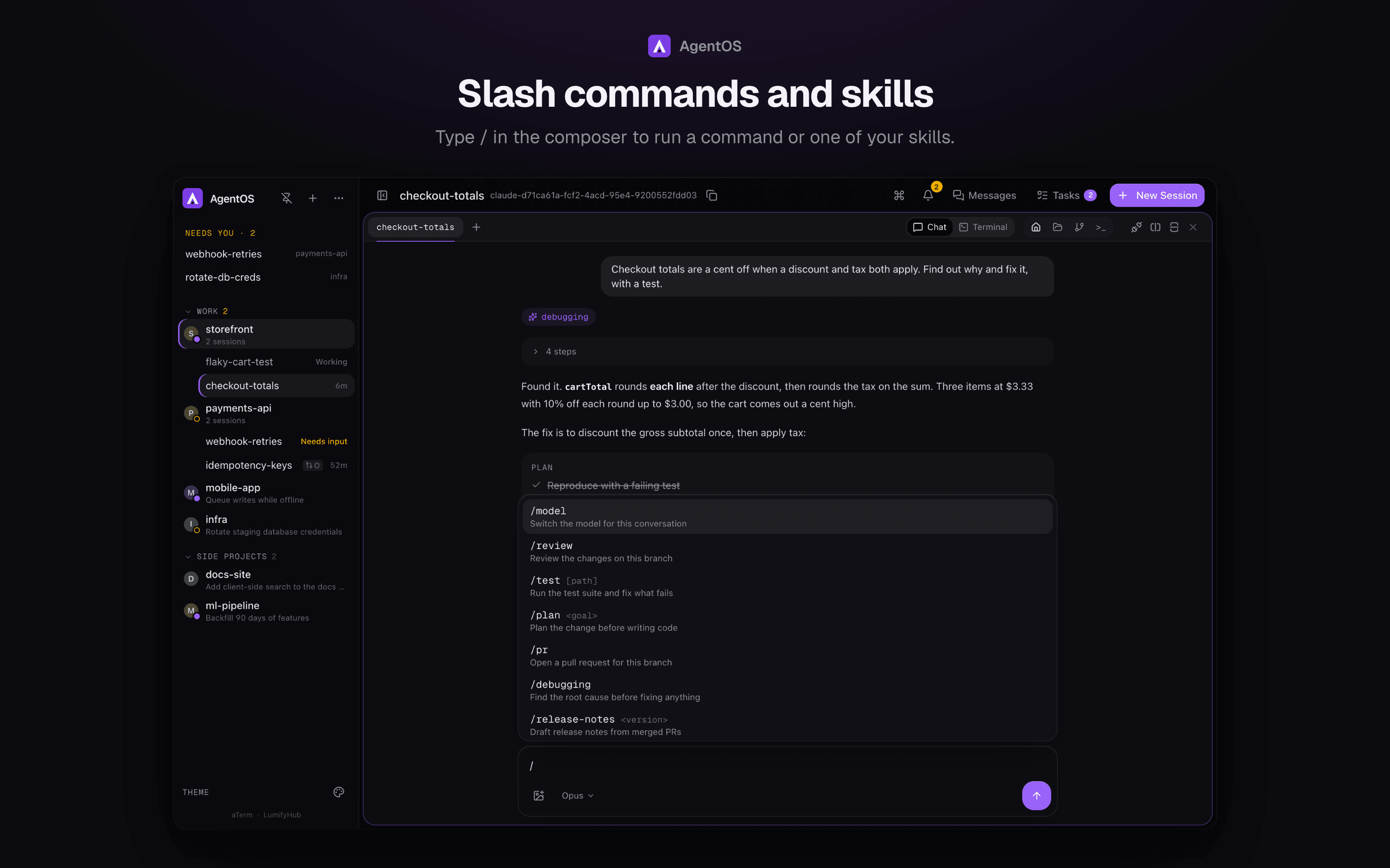 The slash-command menu open in a chat