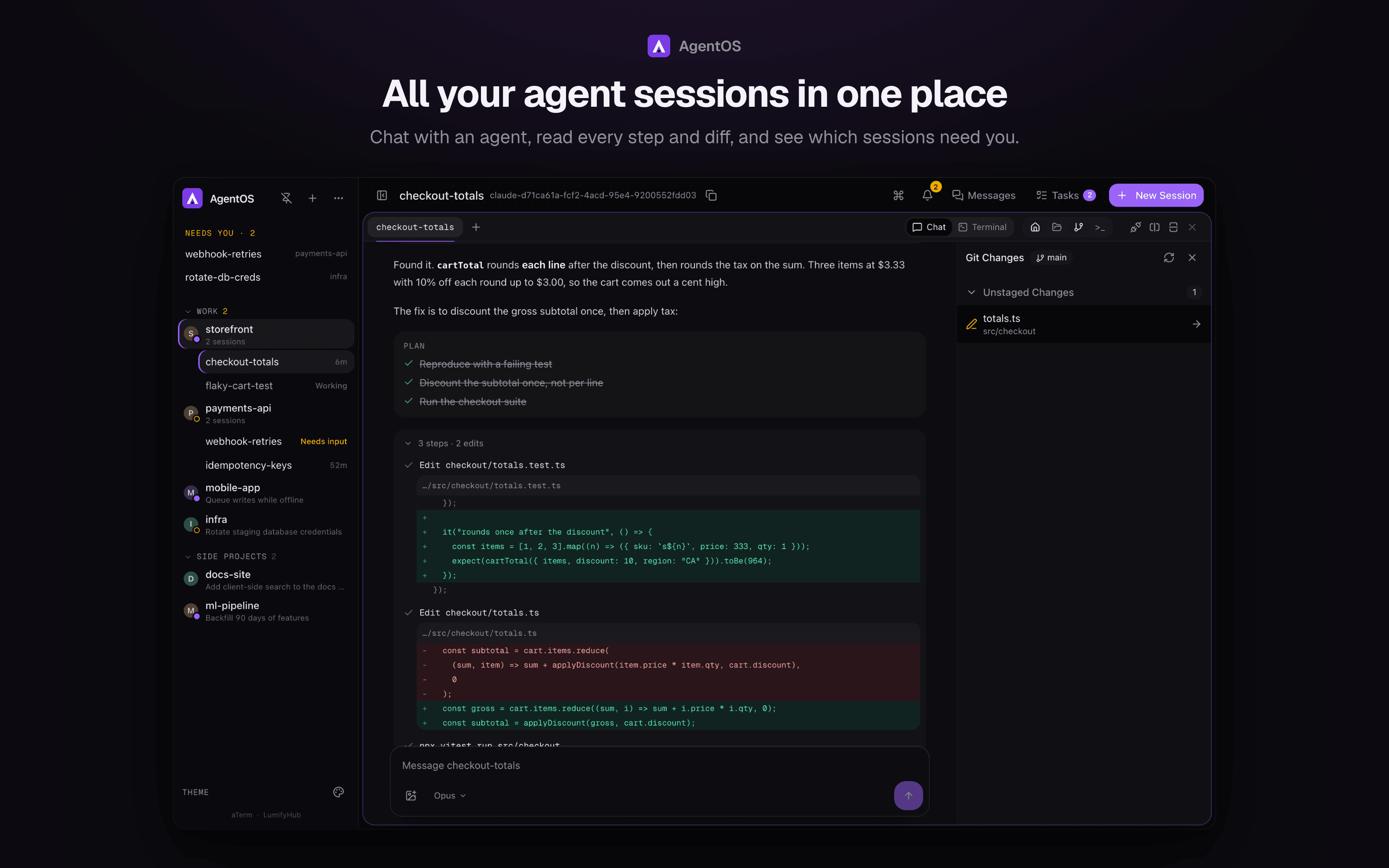 AgentOS: sessions grouped by workspace, a chat with plan, steps and diffs, and the git panel