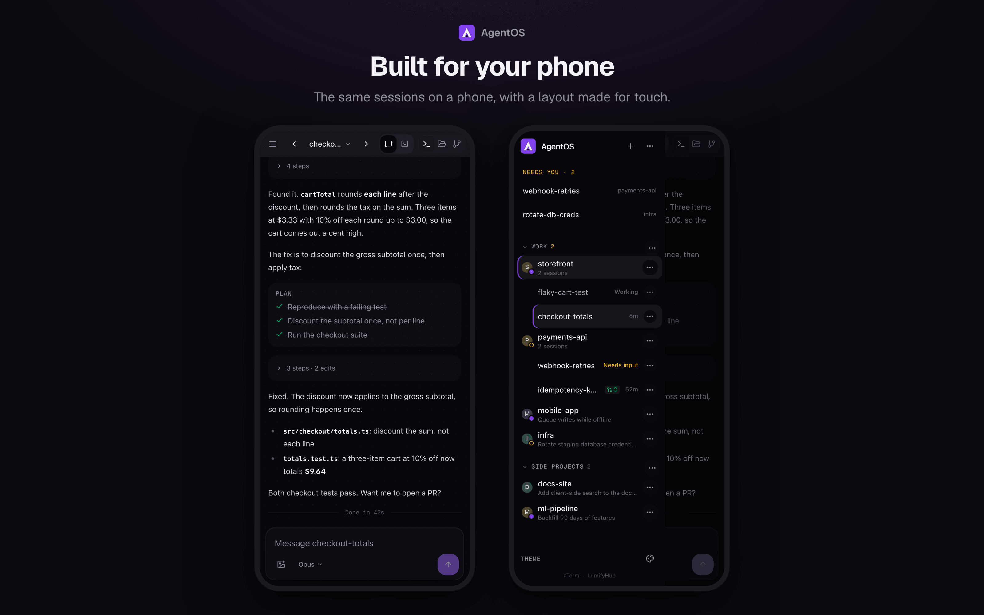 AgentOS on a phone: a chat and the session list