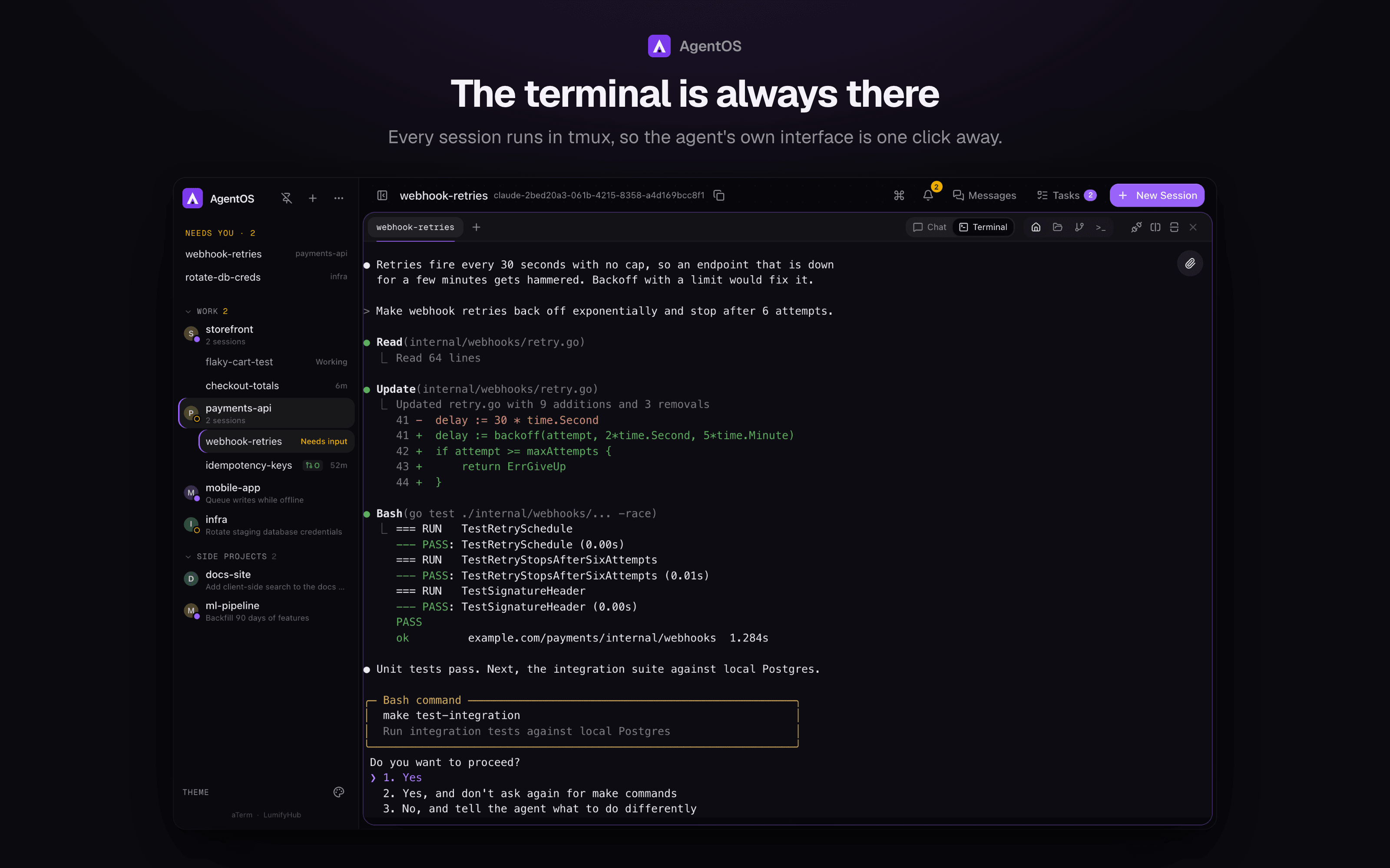 A session in terminal view, with the agent asking before it runs a command