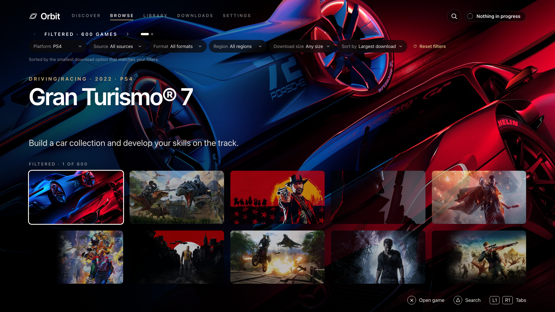 Cinema Browse with the PS4 platform filter and largest downloads first
