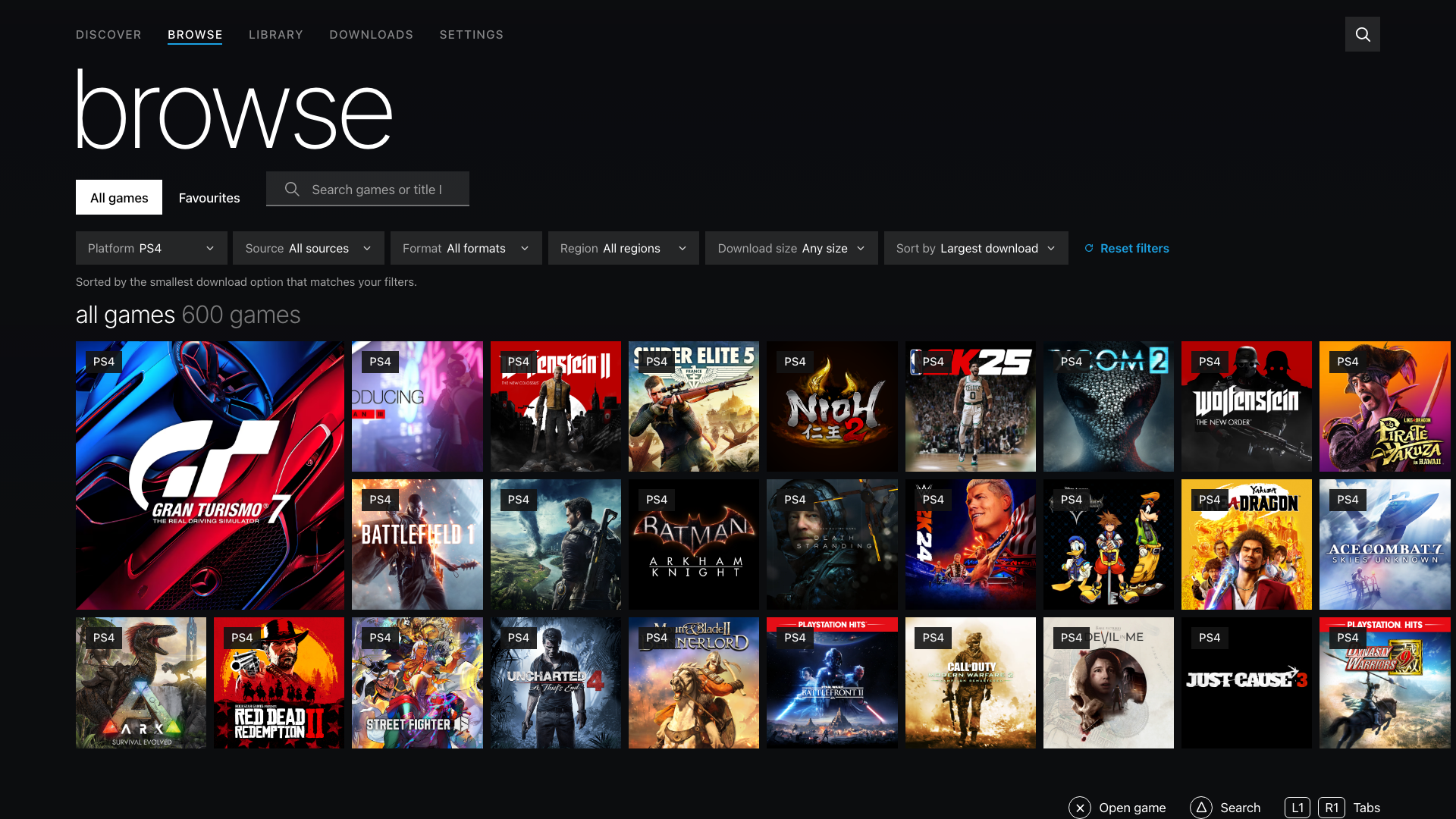 Panorama Browse with the PS4 platform filter and largest downloads first